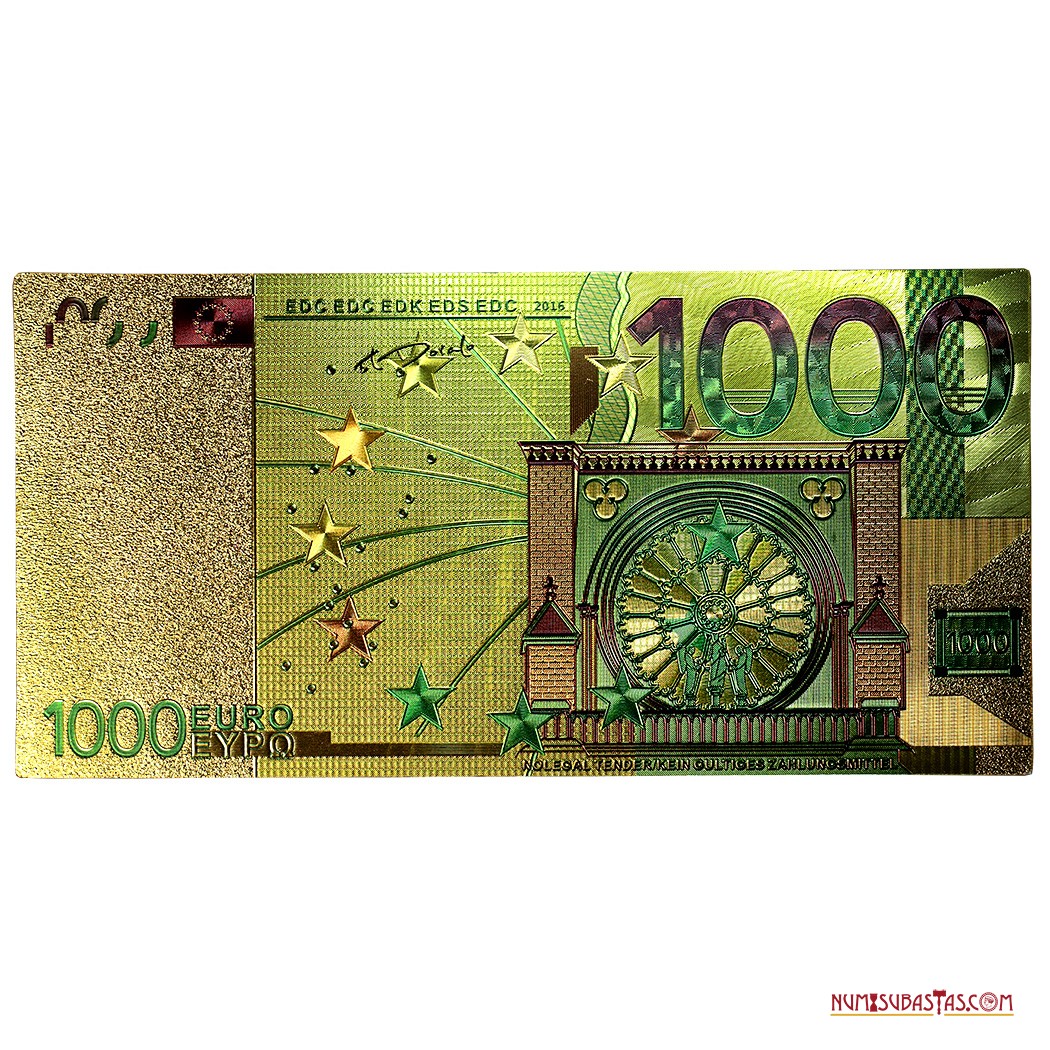 numisubastas's tweet photo. EN SUBASTA:
Fantasía de 1.000 euros impresa en oro.
Para mayor información consultar el link:
https://t.co/vSo26aYr3H
#Notafilia #Billete #PapelMoneda #BankNotes #Note #PaperMoney #PaperMoneyAuction #PaperAuction #RarePaperMoney #RareBankNote. https://t.co/ml8b9Gy9X1