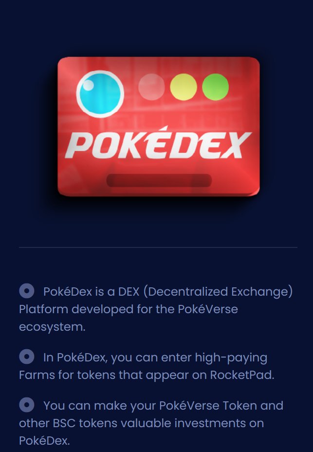 PokeVersebsc's tweet photo. PokéDex is a DEX (Decentralized Exchange) Platform developed for the PokéVerse ecosystem.
 In PokéDex, you can enter high-paying Farms for tokens that appear on RocketPad.

🌎 https://t.co/6hOYfVHJE7
📱 https://t.co/UVhxEANVlF

#Play2Earn #Metaverse #NFT #web3 #pokemon #bsc https://t.co/JZqx0JSwKW