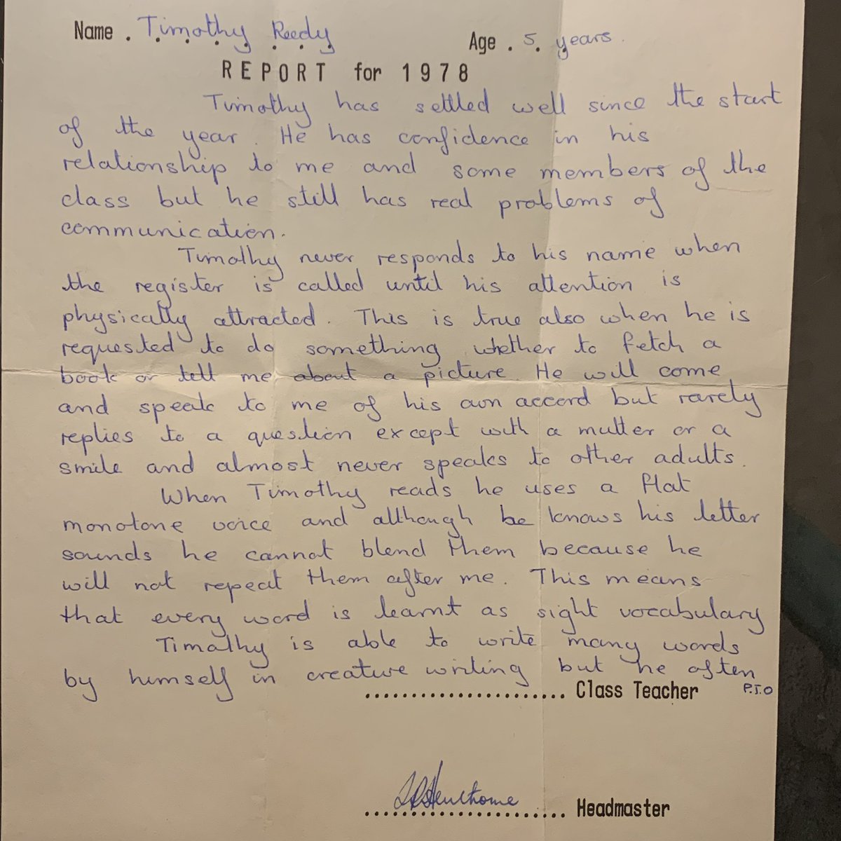_timreedy's tweet photo. Today I found my never-seen before primary school report (1978; aged 5). “Timothy never responds to his name when register is called…” #deaf #schoolreport #mainstreamschool https://t.co/cMbAXOvmNt