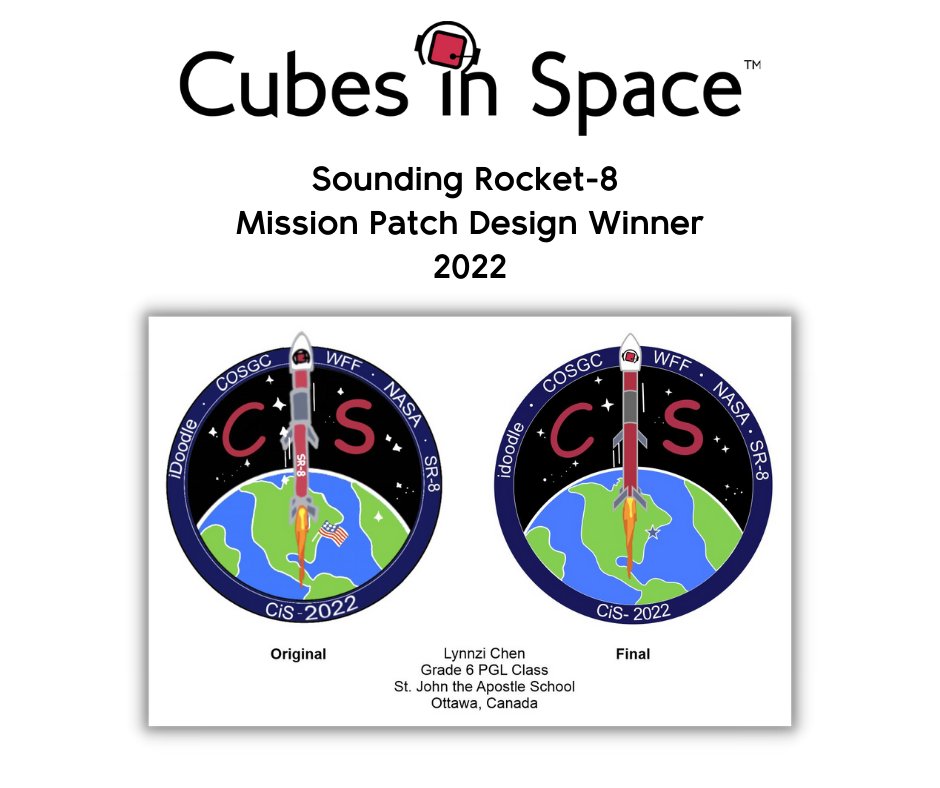 Cubes In Space (@cubesinspace) on Twitter photo Congratulations Lynnzi Chen of St. John the Apostle School <a href="/StBrAndreOCSB/">St. Brother Andre School</a> in Ottawa, Ontario! We selected your design to represent the Cubes in Space Sounding Rocket-8 (SR-8) mission this year! Decals will be made of this design and fly them from @NASAWFF on 23 June 2022! Congratulations Lynnzi Chen of St. John the Apostle School <a href="/StBrAndreOCSB/">St. Brother Andre School</a> in Ottawa, Ontario! We selected your design to represent the Cubes in Space Sounding Rocket-8 (SR-8) mission this year! Decals will be made of this design and fly them from @NASAWFF on 23 June 2022!