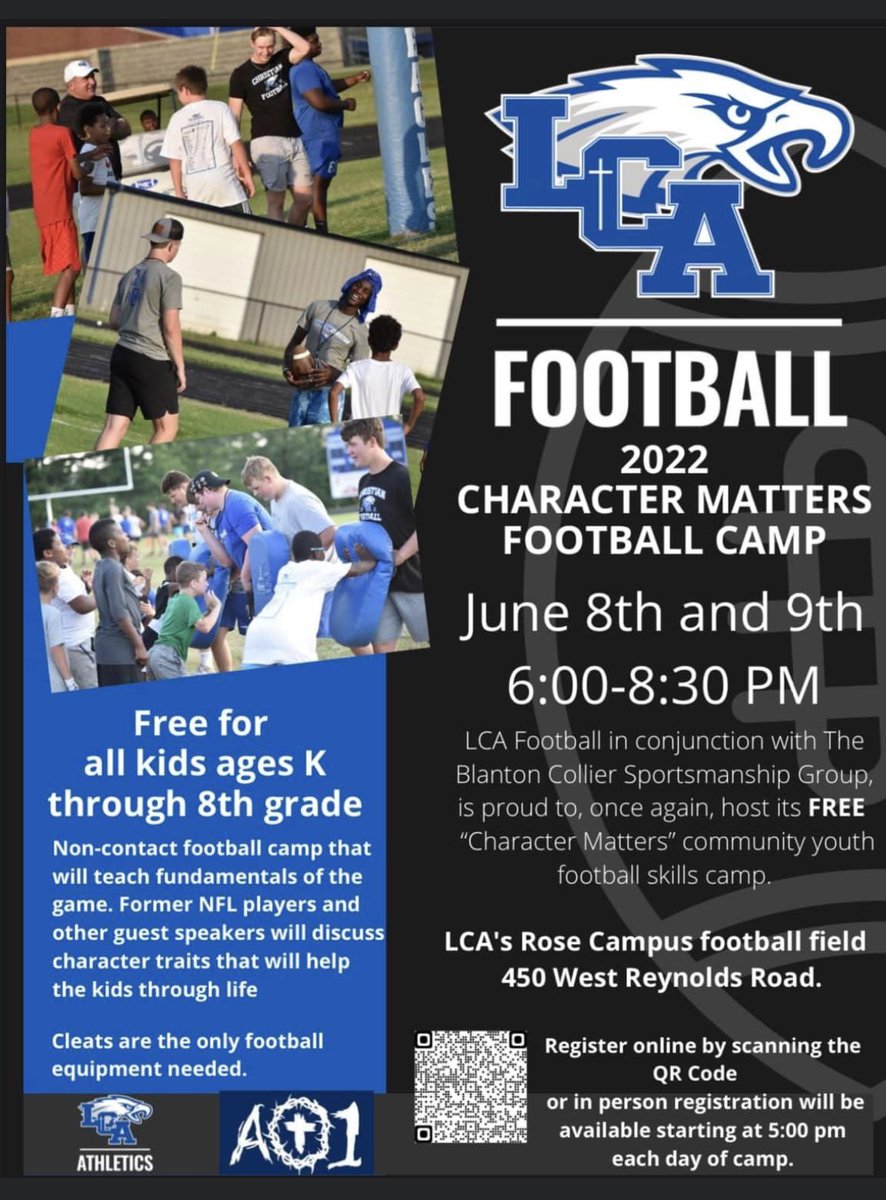 LCAEAGLESFB's tweet photo. Plan on joining us for this exciting and FREE camp this summer!!! #WeAreLCA #MoreThanConquerors #FootballCamp https://t.co/wlBfSJHjrc