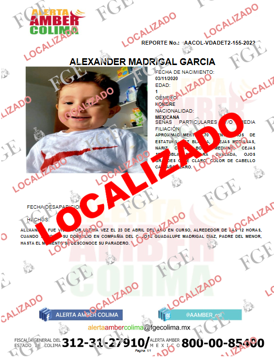 AAMBER_col's tweet photo. Nos es grato informar que ha quedado desactivada la Alerta que se emitió por la desaparición del menor, ALEXANDER MADRIGAL GARCIA, debido a que ya fue localizado. https://t.co/ILswHhKynW