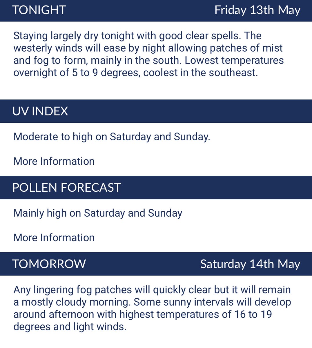 laoislocalnews's tweet photo. WEATHER: Outlook for tonight & tomorrow (Saturday 14th May) via Met Éireann. Lowest overnight temperatures of 5 to 9 degrees.
#Leinster #MLNweather https://t.co/ZIbOBBYmoX