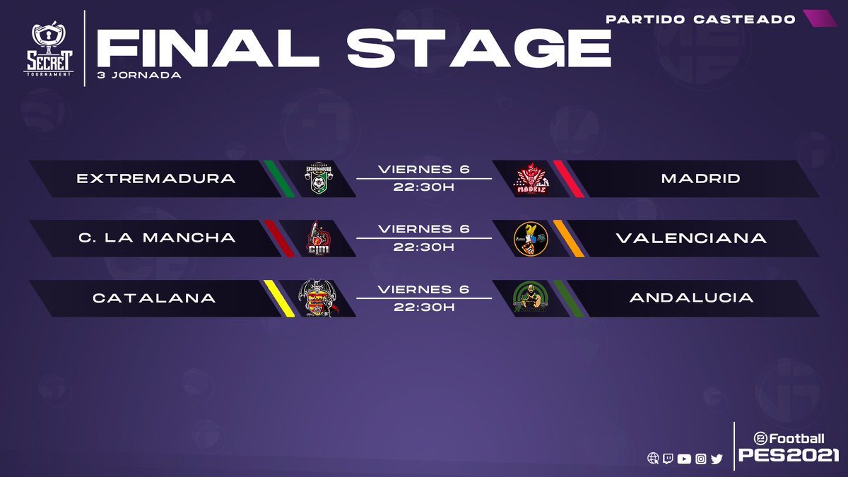 #SecretPES #PES2021

¡En breves arranca la Jornada 3 de nuestro apasionante torneo de comunidades de Efootball PES 2021!

¡Estos son los enfrentamientos de hoy!

🆚️ | #Extremadura - <a href="/madriz10vs10pes/">Selección De Madriz Efootball Pes21</a> 

🆚️ | @CLMpes10vs10 - @SelCValenciana 

🆚️ | <a href="/SelCatPes/">Selección Catalana #PES</a> - <a href="/Andalucia10vs10/">Pes - Selección Andaluza 10vs10</a>