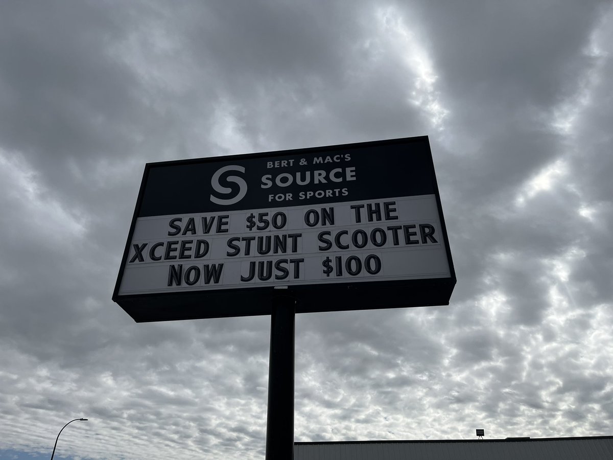 BertandMacs's tweet photo. Through the clouds comes this awesome weekend special. Tell all your friends, tell the whole bunch… “I JUST WENT HOPPIN’ ON MY BRAND NEW SCOOTER DURING LUNCH!” #teambertalert #xceedexpectation #yqlocal https://t.co/axKnG9RTgd