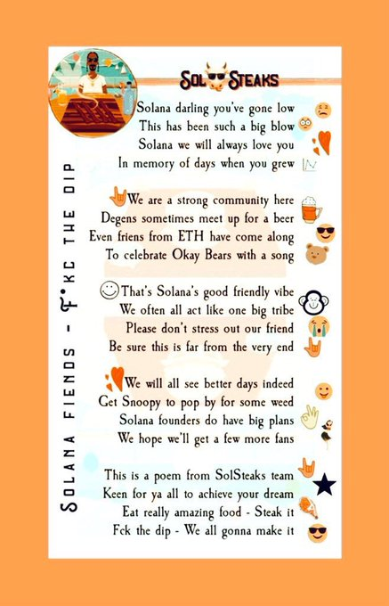 SolMintDaily's tweet photo. 🔥POEM &amp; GIVEAWAY FOR ALL SOL FRIENS 😎🔥

🥩SOLANA FRIENS - FCK THE DIP🥩

Prize:
🥇0.5 SOL 
🥈5 WL

Rules:
🥩Follow @SolMintDaily &amp; @solsteaks
🥩RT + tag 3 friends

🤟🏻For fun times join: https://t.co/0Wbst5Uczp

Ends: 24 hours https://t.co/Y8PKskynoF