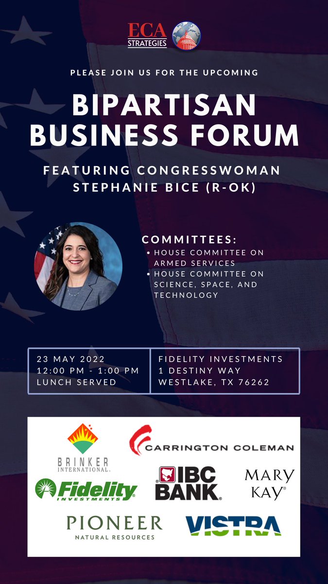 ECAStrategies's tweet photo. We can't wait to host TWO #ECABusinessForums in one week! We look forward to hosting Congresswoman Stephanie Bice (R-OK) on May 23rd, and then to hosting Congressman Tony Cárdenas (D-CA) on May 25th. https://t.co/sQ4ySJcbpr