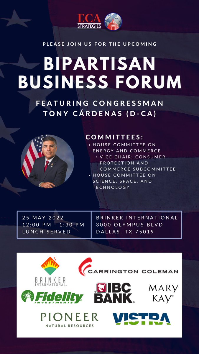 We can't wait to host TWO #ECABusinessForums in one week! We look forward to hosting Congresswoman Stephanie Bice (R-OK) on May 23rd, and then to hosting Congressman Tony Cárdenas (D-CA) on May 25th.