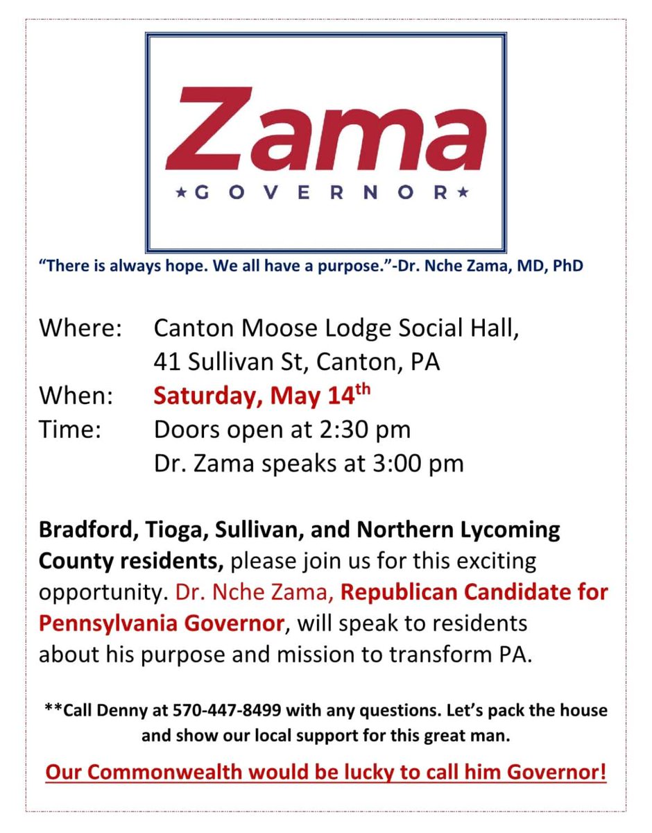 ZamaforPA's tweet photo. Please join me for a rally tomorrow in #Canton #Tioga County. #PAGov #Election2022 #energy https://t.co/hl49J42c6b