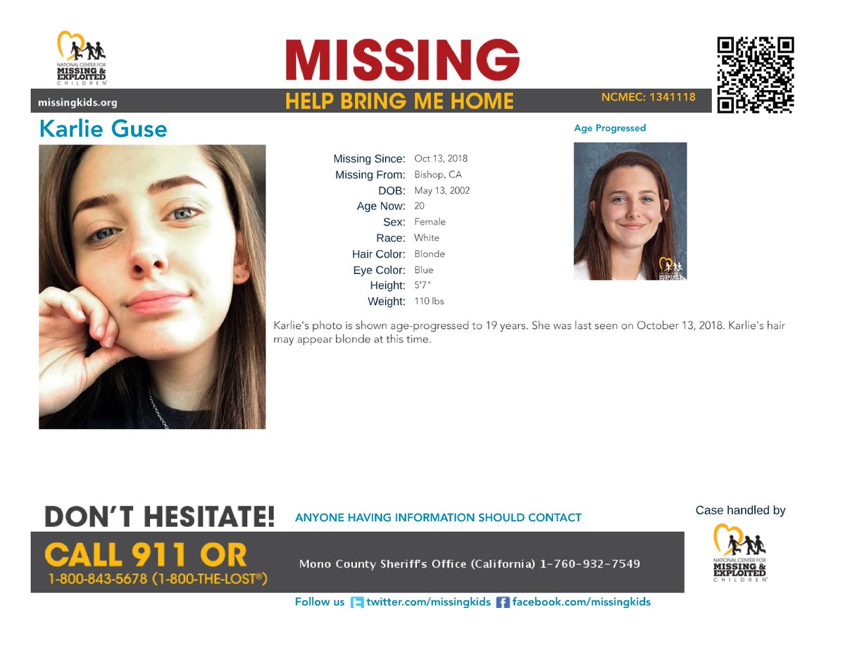 NCMEC's tweet image. Today is Karlie’s 20th birthday. She was last seen on 10/13/2018 in Bishop, #California. After leaving her home, Karlie was reportedly last seen walking south in an area near Highway 6 and White Mountain Estates. No one has seen or heard from her since she was reported #missing.