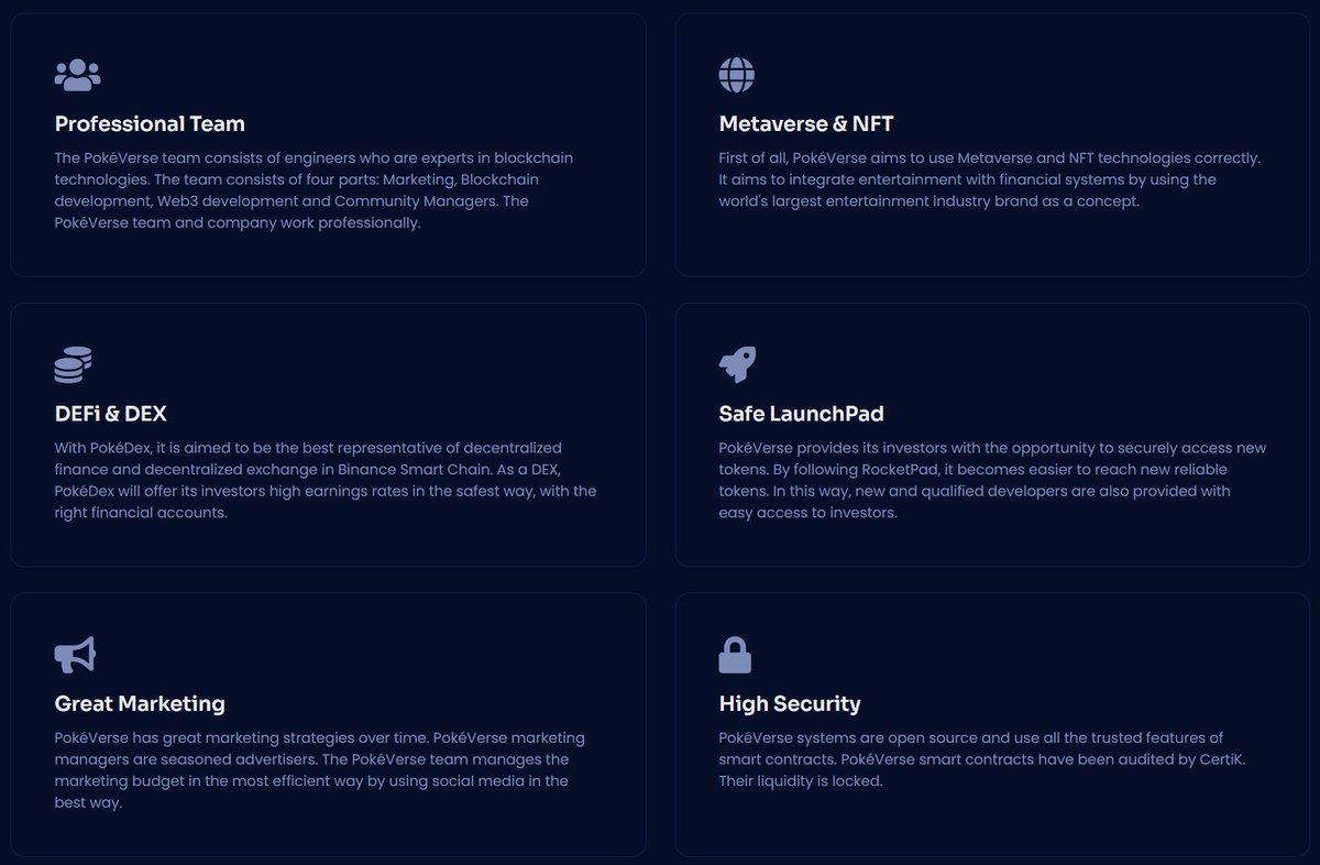 PokeVersebsc's tweet photo. Features of PokéVerse and PokéVerse Ecosystem;

🔘Professional Team
🔘Metaverse &amp; NFT
🔘DEFi &amp; DEX
🔘Safe LaunchPad
🔘Great Marketing
🔘High Security

🚀  Fair Launch: May 18, 2022 - 17:00 UTC
🌎 https://t.co/6hOYfVHJE7
📱 https://t.co/UVhxEANVlF

#Play2Earn #Metaverse #NFT #web3 https://t.co/fXXoRhnJEH