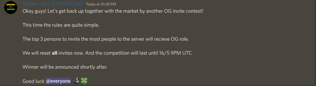 SkunksOnSkunk's tweet photo. You can now grab OG role in our discord. All invites are reset, so you everyone can win and terms are the same for everyone.

Link to our Discord: https://t.co/mwjGntMKVq

Be fast 🦨🍀

#nfts #og #solana #whitelist https://t.co/04fgU23eyM