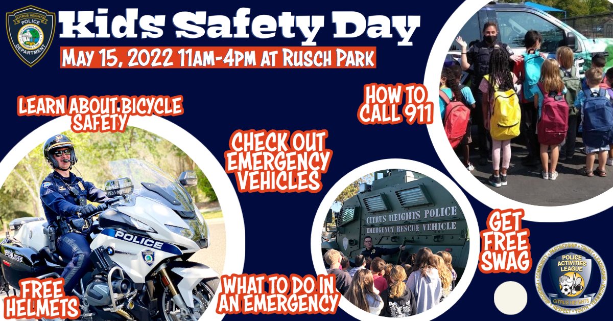 citrusheightspd's tweet image. Happy Friday! Looking for something fun &amp;amp; free to do with the family this #beautifulweekend? Join us for our #CHPD #KidsSafety Day! Rumor has it that @samiscircuit is going to be there at 11 🤫
We'll see you there! 🚓🚒🚲#CHPAL #SafetySunday #RuschPark #CitrusHeights