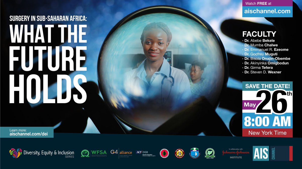 SWexner's tweet photo. Looking forward to the insights from this fabulous @AISChannel faculty @gttefera @abebesurg  @BisolaObembe @hhsvsjg @Omigbodun @RCSI_Irl @AmCollSurgeons @cosecsa @_WACS_Surgeons @wfsaorg @theG4Alliance @OfficialNsa_ng @CleveClinicFL @RASACS @acsYFA @SocietyofBAS @CarlaPughMDPhD https://t.co/uRjhiKIo4C
