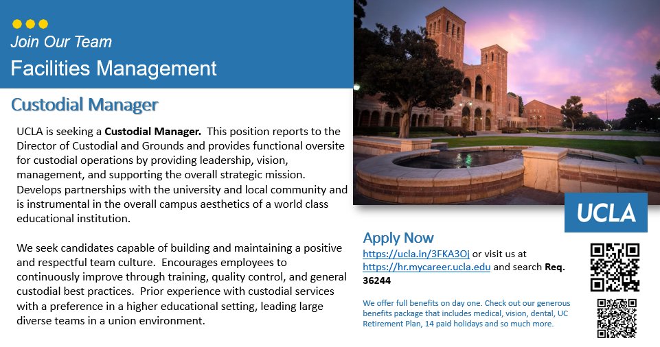 MichaelVYates's tweet photo. UCLA is seeking a Custodial Manager. 
Come to the #1 Public University and provide functional oversite for custodial operations by leading, sharing vision, management, and supporting the overall strategic mission. 
Apply: https://t.co/PE7IS0smdX https://t.co/EGnwPbYOcr