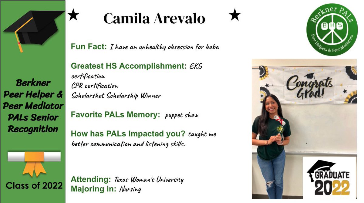 bhsmediators's tweet photo. 🎓🐏💚Senior PALs Spotlight: Camila  Arevalo #Classof2022 #alwaysaRAM #RamPride #Ramily 💚🐏🎓@RISDPALs @BerknerHelpers @bhsstem @RISDPreventProg https://t.co/39Zvyukvqy