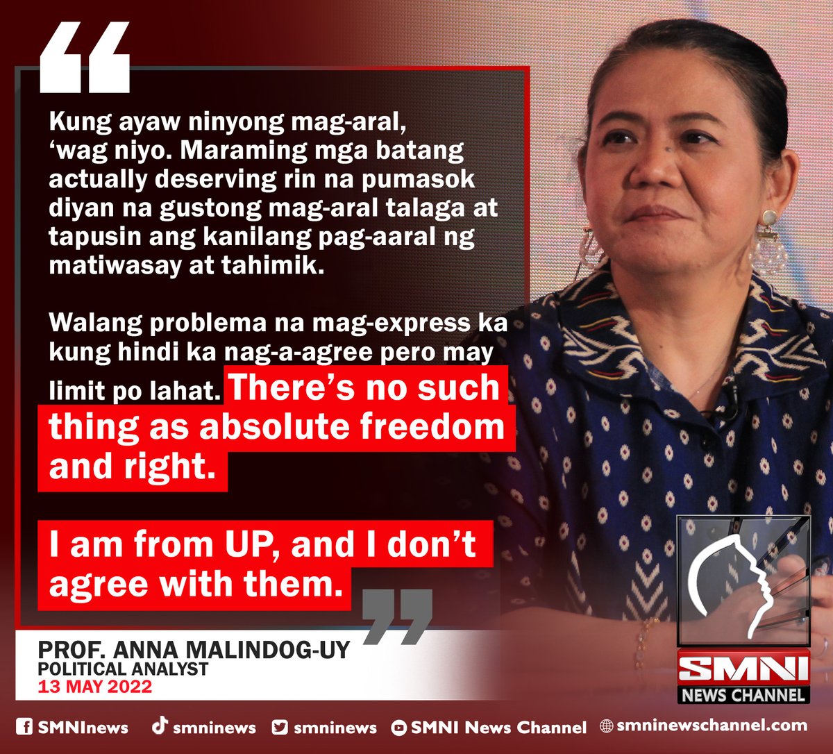 smninews's tweet photo. Mensahe ni Prof. Anna Malindog-Uy sa mga estudyante ng UP na ayaw mag-aral dahil sa pagkakapanalo ni BBM https://t.co/NeMtfYNnl1