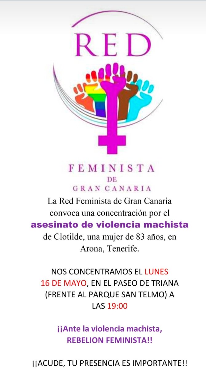 RedFeministaGC's tweet photo. El lunes, nos concentramos en solidaridad por la última víctima de violencia machista en Canarias. por Clotilde, por todas las que la precedieron, porque no haya ni una más! #NiUnaMenos https://t.co/9tqbddPAwZ
