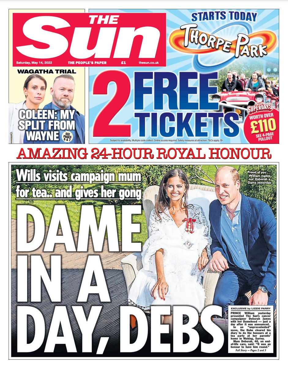TheSun's tweet photo. On tomorrow's front page: Prince William presented The Sun’s cancer campaigner Deborah James with her Damehood — just a day after it was announced @bowelbabe 

https://t.co/t9E7urqfKA https://t.co/wwwrQAfMRl
