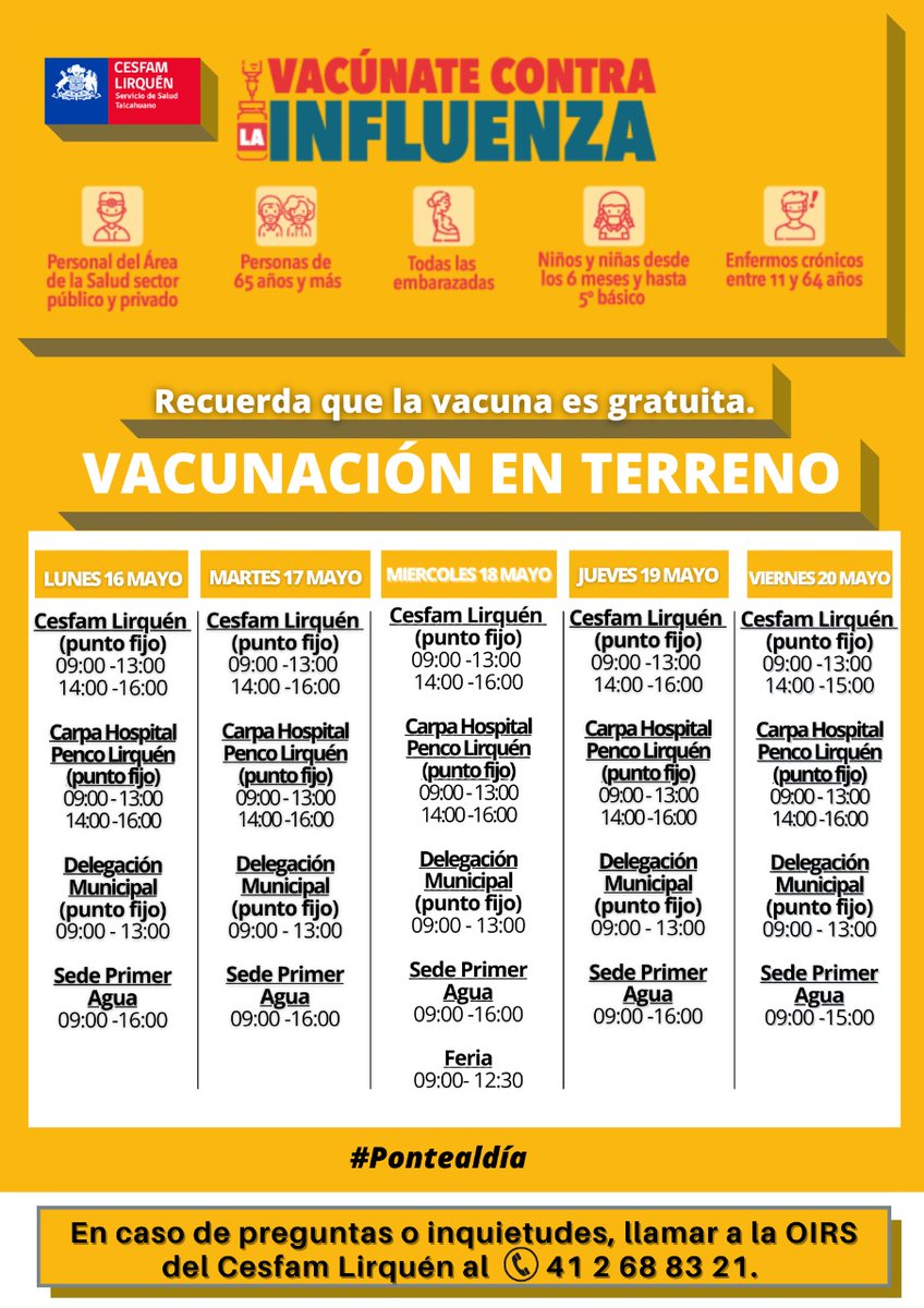 #PonteAlDia con las vacunas! En el <a href="/STalcahuano/">SS Talcahuano</a> te informamos calendario y lugares de vacunación, en la comuna de #Penco para la semana del 16 al 20 de mayo. <a href="/MeVacuno/">Yo Me Vacuno @MinisterioSalud</a> <a href="/ministeriosalud/">Ministerio de Salud</a>