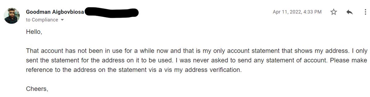 g_ohiole's tweet photo. I do not know how uncomprehensive an unadulterated pdf bank statement could be.
I immediately responded with the reason I sent the statement in the first place just to make things clear.
I got this response from compliance after I sent in another bank statement https://t.co/Qh9sy1udHP