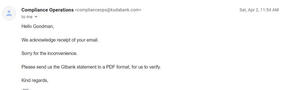 g_ohiole's tweet photo. I do not know how uncomprehensive an unadulterated pdf bank statement could be.
I immediately responded with the reason I sent the statement in the first place just to make things clear.
I got this response from compliance after I sent in another bank statement https://t.co/Qh9sy1udHP