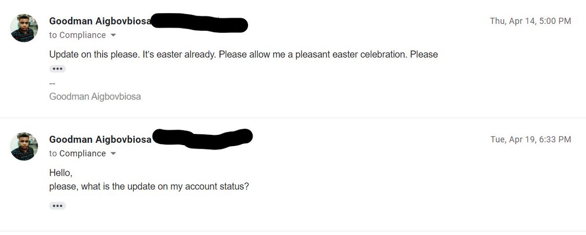 g_ohiole's tweet photo. There was no further response from compliance till 14th when I sent in a reminder. I got no response still and I sent in another reminder on 19th April.
@kudabank finally responded on the 21st with this. I am yet to see a better euphemism for do-not-disturb-me https://t.co/8pGRUizCZ6