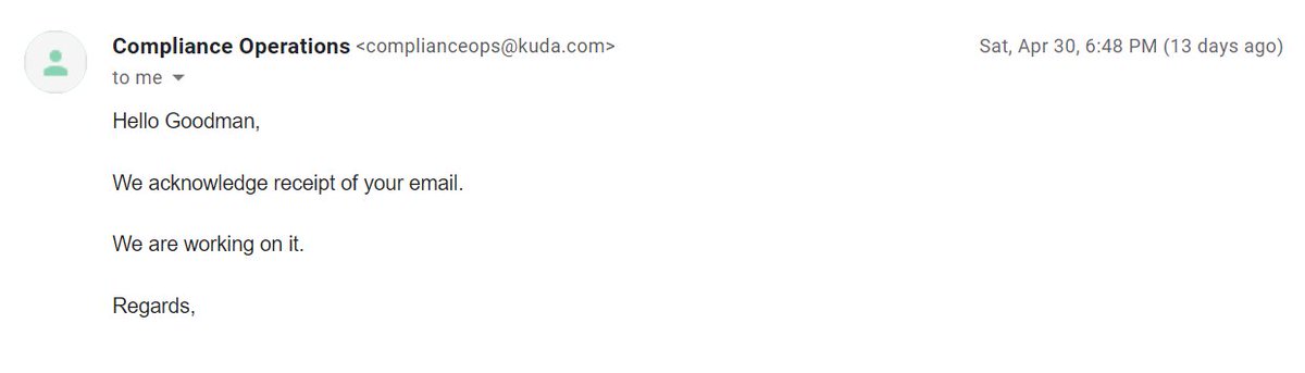 g_ohiole's tweet photo. It took 2 more reminders after my account closure request for me to get a response from @kudabank. @kudabank responded on the 30th April with this; https://t.co/UIMf3T3fI9