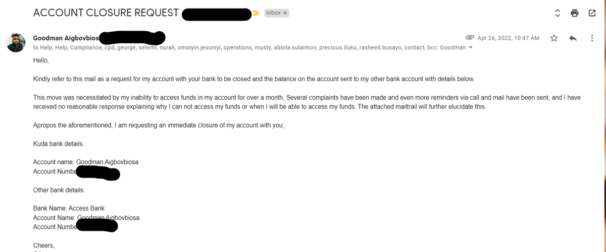 g_ohiole's tweet photo. It took 2 more reminders after my account closure request for me to get a response from @kudabank. @kudabank responded on the 30th April with this; https://t.co/UIMf3T3fI9