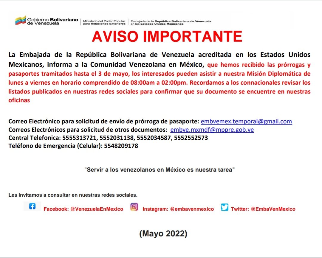 EmbaVenMexico's tweet photo. 🗣Aviso importante para la comunidad venezolana en México, EE.UU y Canadá:

⚠¡Listados Actualizados!⚠

PASAPORTES: https://t.co/3kCayJQkPa

PRÓRROGAS: https://t.co/UXkEcy2GTi https://t.co/cA8MDB7KA6