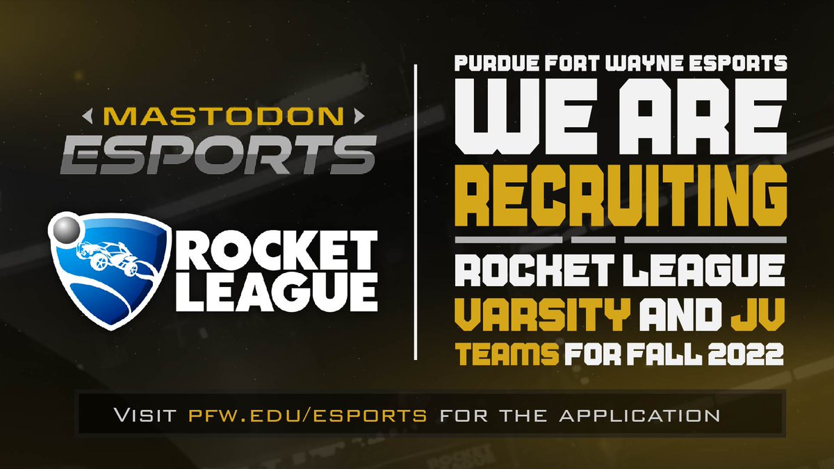 We are looking for new players!

Spots have opened up on the Varsity and JV Rocket League teams!

Apply here: pfw.edu/esports

We are looking for any current PFW Students or any incoming freshmen!

(Must be a full-time PFW student to apply)