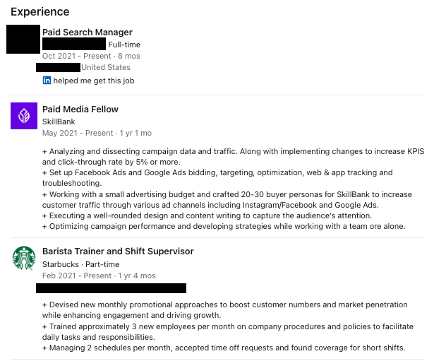 itsmehakvohra's tweet photo. We're changing lives every. single. day. @joinskillbank 
and no other boot camp is doing it like this... this turnaround time is unheard of.

Starbucks Barista -> to Paid Search Manager in less than SIX MONTHS.

Every time I see a grad's LinkedIn, I can't believe my eyes. ❤️🥺 https://t.co/oYgRbE8fNK