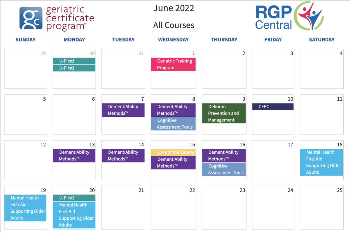 Numerous course offerings are coming up for the #Geriatric Certificate Program in June! As always, GPA eLearning, Geriatric Essentials eLearning and Dementia Foundations Program eLearning are always virtually #accessible. geriatriccp.ca/calendar
