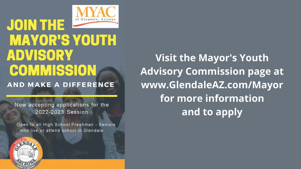 GlendaleMYAC's tweet photo. Our members are asking our high school classmates to join us in making a difference! Have you heard of @mayorweiers' Youth Advisory Commission? Learn more at https://t.co/sBkI1hnFLd and apply today! #students #youth #highschool #GlendaleAZ #makeadifference https://t.co/YKeVASOn72