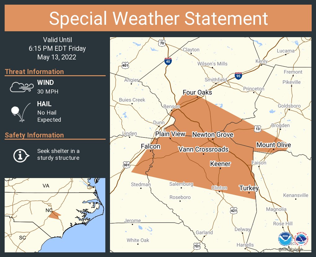 NWSRaleigh's tweet photo. A special weather statement has been issued for Mount Olive NC, Plain View NC and  Four Oaks NC until 6:15 PM EDT https://t.co/EYq5rTSlb8