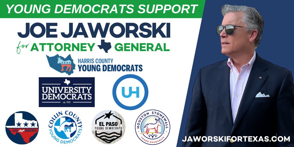 Young Democrats across Texas have endorsed Joe Jaworski bc they know he is the best candidate to defeat Ken Paxton &amp; restore integrity to the Office of TXAG. #VoteJaworski on May 24! @houstonewallyds <a href="/eptxyds/">El Paso Young Democrats</a> <a href="/UDems/">University Democrats</a> <a href="/Harrisyds/">Harris County Young Democrats</a> <a href="/AggieDems/">Texas Aggie Democrats</a> <a href="/CollinYDs/">Collin County Young Democrats</a>
secure.actblue.com/donate/jaworsk…