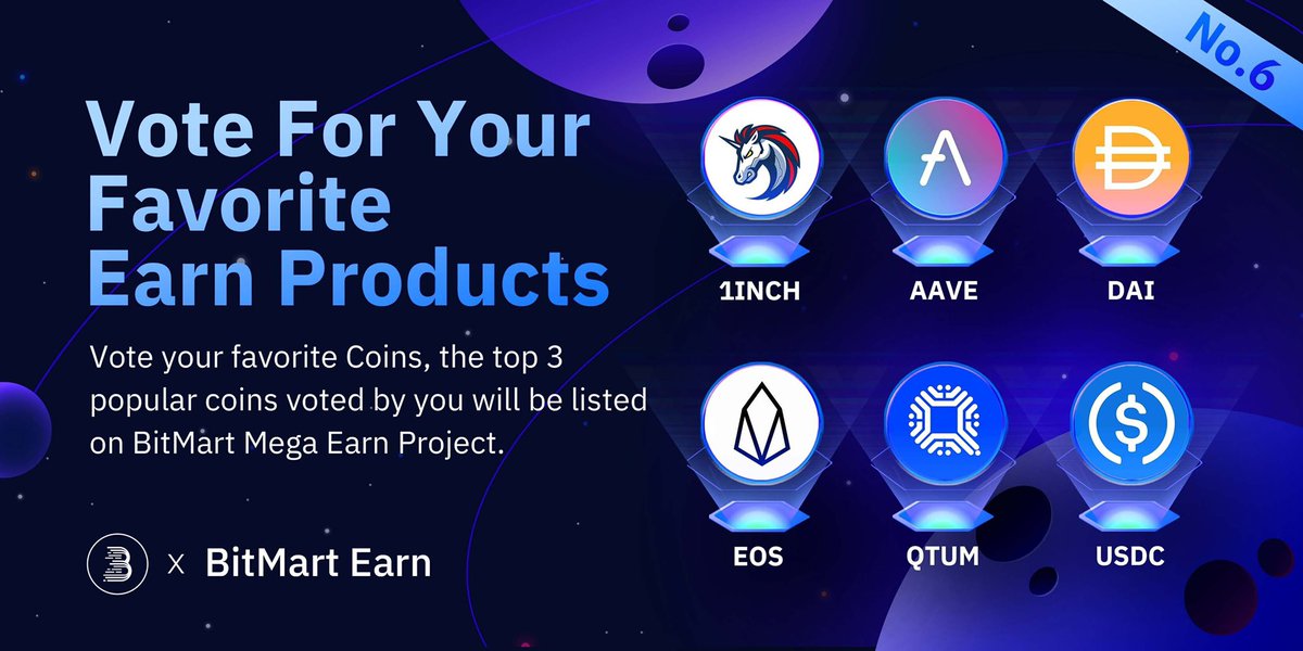 BitMartExchange's tweet image. 🔥Did you enjoy yesterday’s Mega Earn products?

🤓Vote so your favorite coin could be on Mega Earn next week!

#1INCH #AAVE #DAI #EOS #BUSD #QTUM #USDC

🗳Vote now: bit.ly/3wnUCfr

👉🏻Register BitMart today: bit.ly/3Lamh8K

#BitMart #CryptoGiveaway #crypto