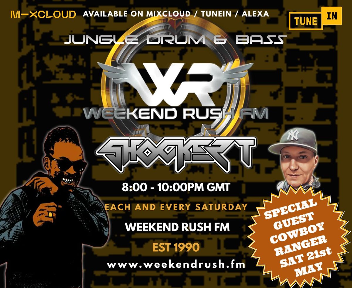 Special guest confirmed for next week ✔
Original don Cowboy Ranger <a href="/rasranger/">COWBOY RAS RANGER</a>🎙
Weekend Rush FM 📻 🎶🎶
8pm-10pm ⏰ Saturday 21st May 🗓
#weekendrush #rushfm #jungle #dnb 🔥