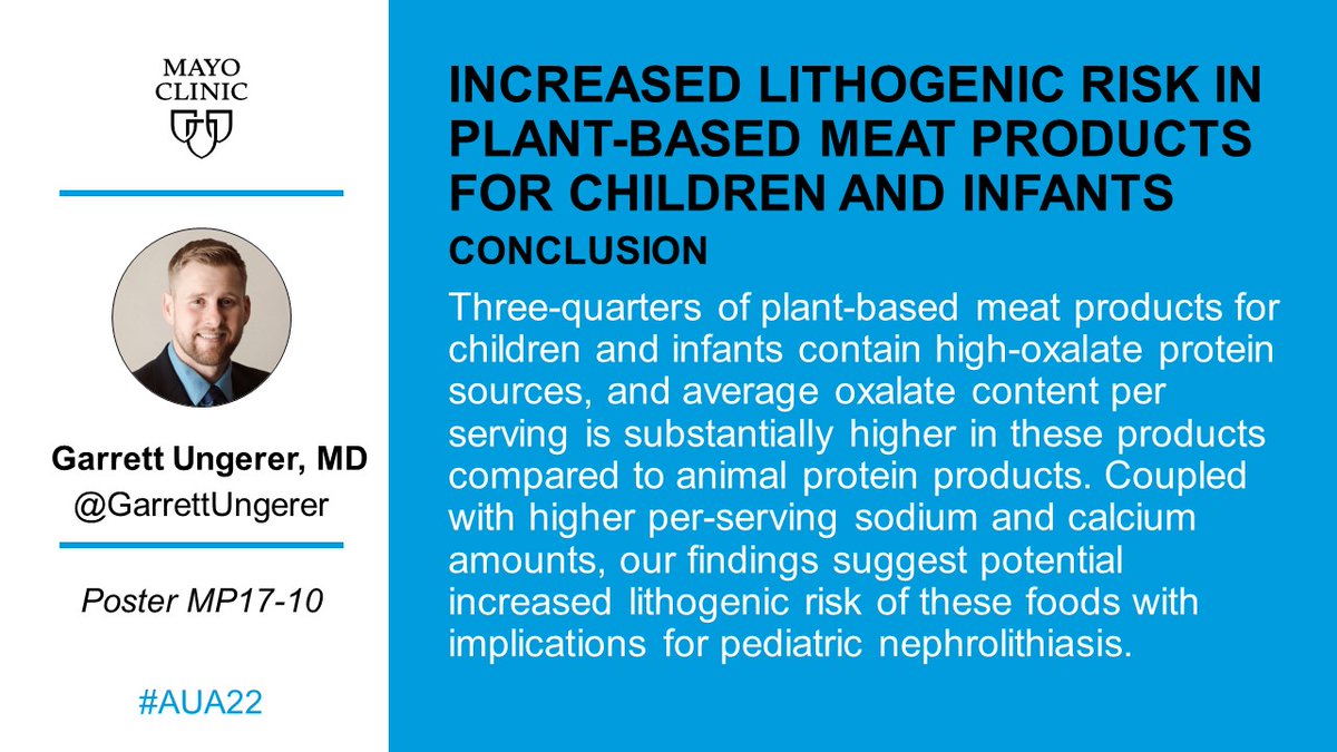 Ever wonder about the effects of #plantbased meat products on #children? Stop by Dr. Ungerer's (@GarrettUngerer) poster to learn more about potential increased lithogenic risk and implications for #pediatric #nephrolithiasis. #UroSoMe #pediatricurology #AUA22