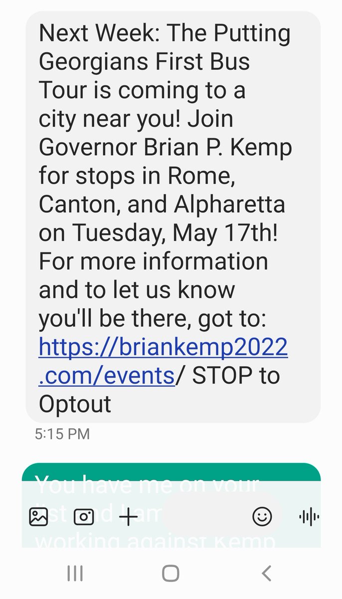 MizDonna69's tweet photo. The @BrianKempGA campaign began bombarding people because they are worried about the turnout.
I received this text from them today, and this was my answer.
#gapol
#TeamPerdue
#DraintheSwamp
#Kempmustgo https://t.co/HLykS4hyZ4