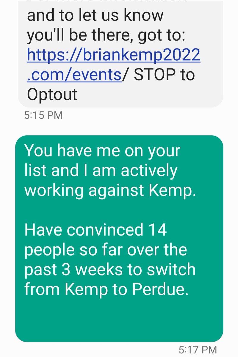 MizDonna69's tweet photo. The @BrianKempGA campaign began bombarding people because they are worried about the turnout.
I received this text from them today, and this was my answer.
#gapol
#TeamPerdue
#DraintheSwamp
#Kempmustgo https://t.co/HLykS4hyZ4