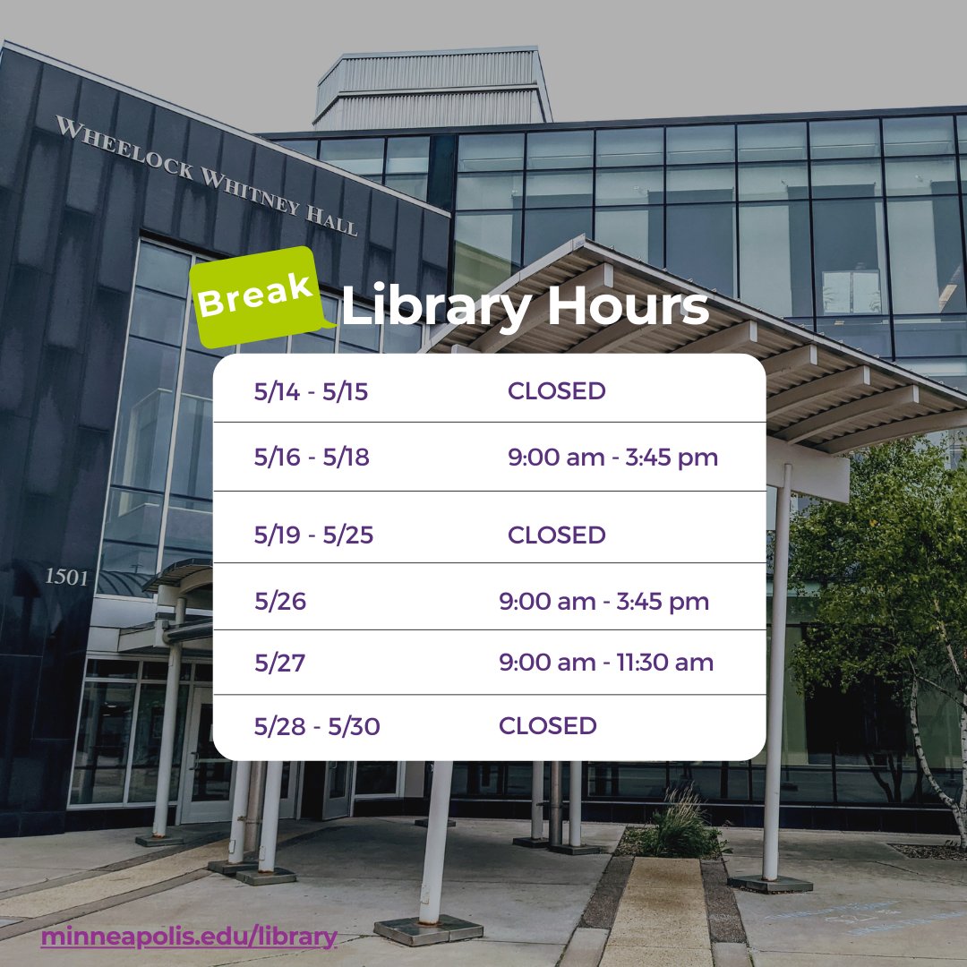 MCTC_Library's tweet photo. Happy last day of Spring 2022 semester! Between now &amp; the start of Summer semester the library will be open the following limited hours:
5/14 - 5/15: Closed
5/16 - 5/18: 9:00am - 3:45pm
5/19 - 5/25: Closed
5/26: 9:00am - 3:45pm
5/27: 9:00am - 11:30am
5/28 - 5/30: Closed https://t.co/Lj2yOr2iyR