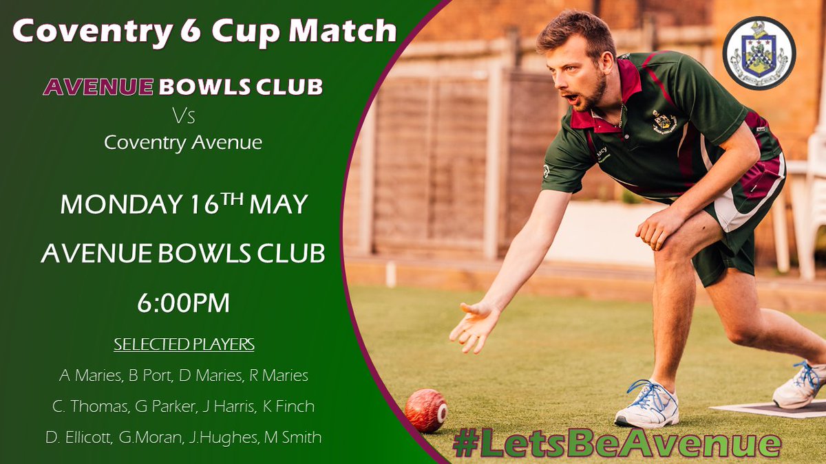 Date for your diary. 📅

Avenue Leamington 🆚 Coventry Avenue 
⏰ Start 6:00pm
📍 Avenue Bowls Club 

🗣 Come down to the club and cheer on the team. 

Don't forget to Follow🔔 <a href="/BowlsAvenue/">Avenue Bowls Club</a> to be notified of all updates!

#LetsBeAvenue #Cov6League #2022competitions