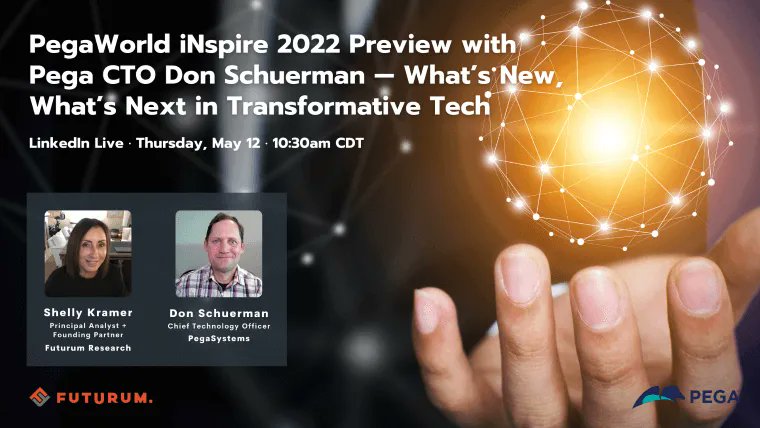 ShellyKramer's tweet image. In this episode of the @FuturumWebcast I’m joined by by @donpega, CTO and VP for @pega for a conversation about what’s new, and what’s next in #transformativetech and what’s ahead at Pega’s #PegaWorldiNspire 2022.
Listen: bit.ly/37IZXpl
Watch: