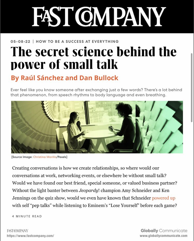 GlobalCommNYC's tweet photo. What's the secret science behind #smalltalk? In our new @FastCompany article #NYU Prof Raul Sanchez &amp; Prof Dan Bullock say forge a “mind” connections focusing on story patterns—it happens on gameshows like @Jeopardy 

Flyer: Rod Sanchez
#graduation2022 

https://t.co/9DlGBakfjg https://t.co/EPDbkecqbF