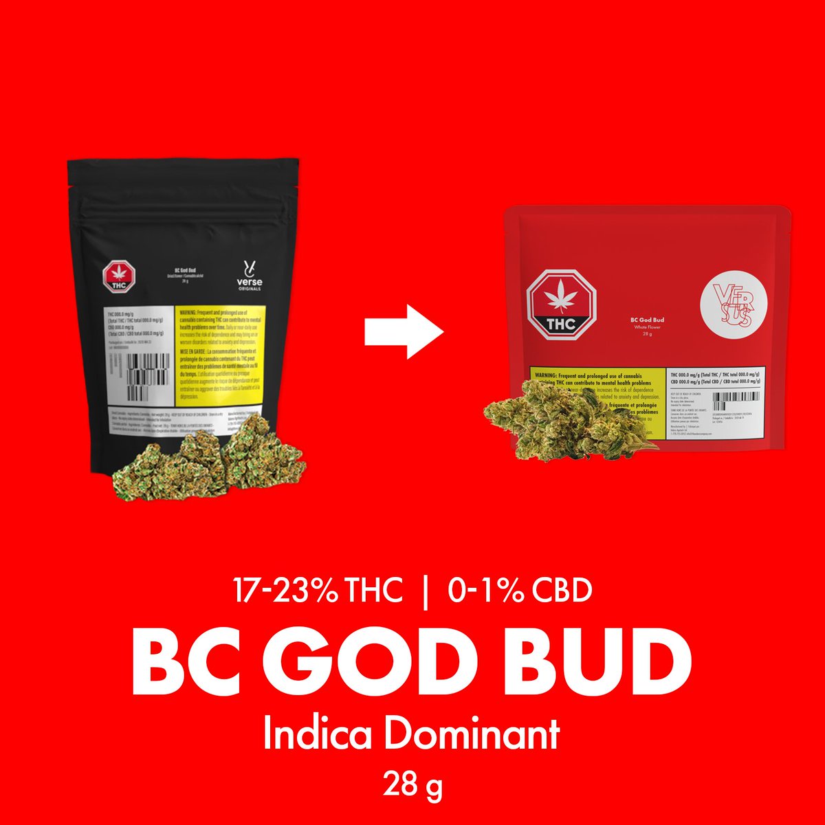 We’re expanding your 28 g picks! BC God Bud is now part of the Versus team, joining Super Lemon Haze for a high THC, Indica and Sativa duo! 💥

Available NOW in AB 
Coming to ON + BC markets SOON!

#VersusCannabis #canadiancannabis #cloudsovercanada #420canada