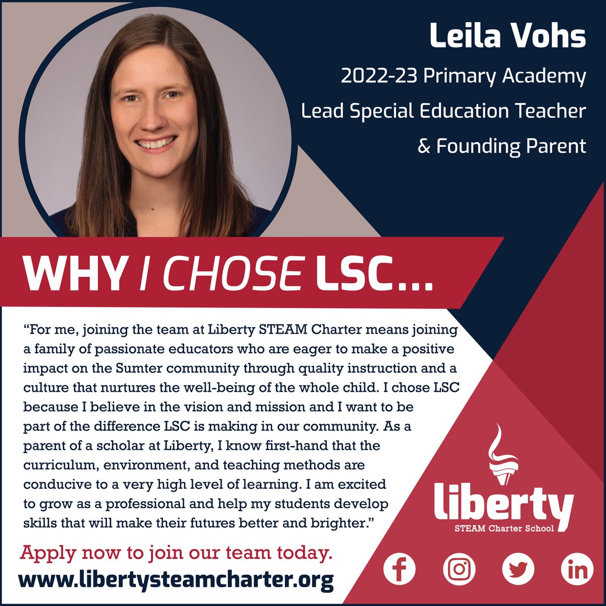 Liberty_STEAM's tweet photo. We are continuing to assemble a results-driven team ready to use their talents &amp; passion to deliver life-changing opportunities for children! Please join us in welcoming Leila Vohs to the team. #LibertyForAll https://t.co/SL7vSshgz7