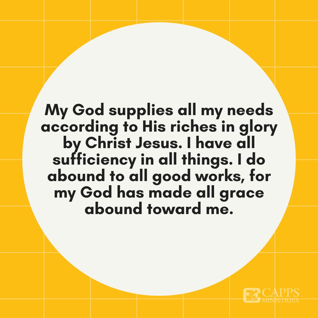 CharlesCapps1's tweet photo. Confession of the Day— My God supplies all my needs according to His riches in glory by Christ Jesus. I have all sufficiency in all things. I do abound to all good works, for my God has made all grace abound toward me. https://t.co/XLdcCYFZUI