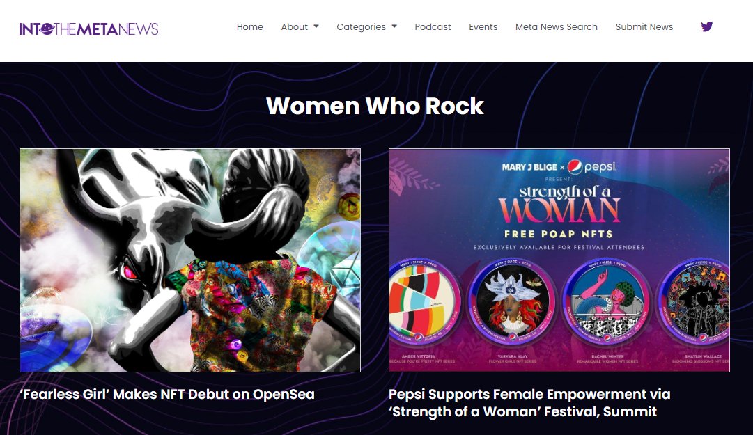 itskac's tweet photo. The dev team geniuses are adding new sections and features to @IntoTheMetaNews and I LOVE THIS!

Finally, #WomenInNFTs #Web3 have a fun spot on the interwebs! 😁 https://t.co/PKS7KZ0ukJ

Looks grrrrrreat!!! 🙏💃💫🚀 https://t.co/cQllXLOPVv
