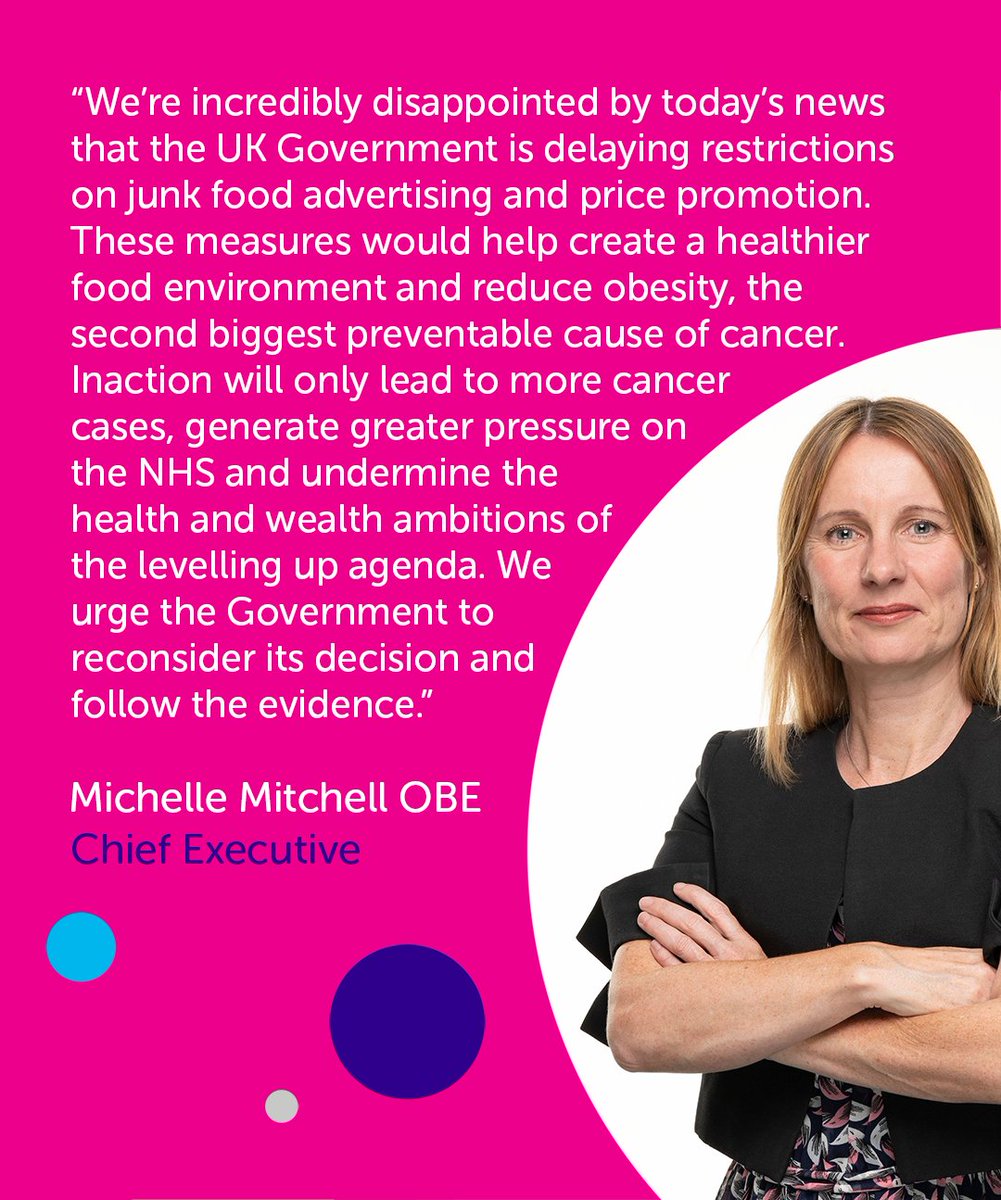 CRUK_Policy's tweet photo. 1/ Beating cancer is a priority for the British public. So we're incredibly disappointed by the news UK Govt is delaying implementing restrictions on #JunkFood ads &amp; price promotions - despite parliamentary &amp; public approval for the measures. #ChildHealthUTurn

@Michelle_CRUK 👇 https://t.co/lr2wWEobuD